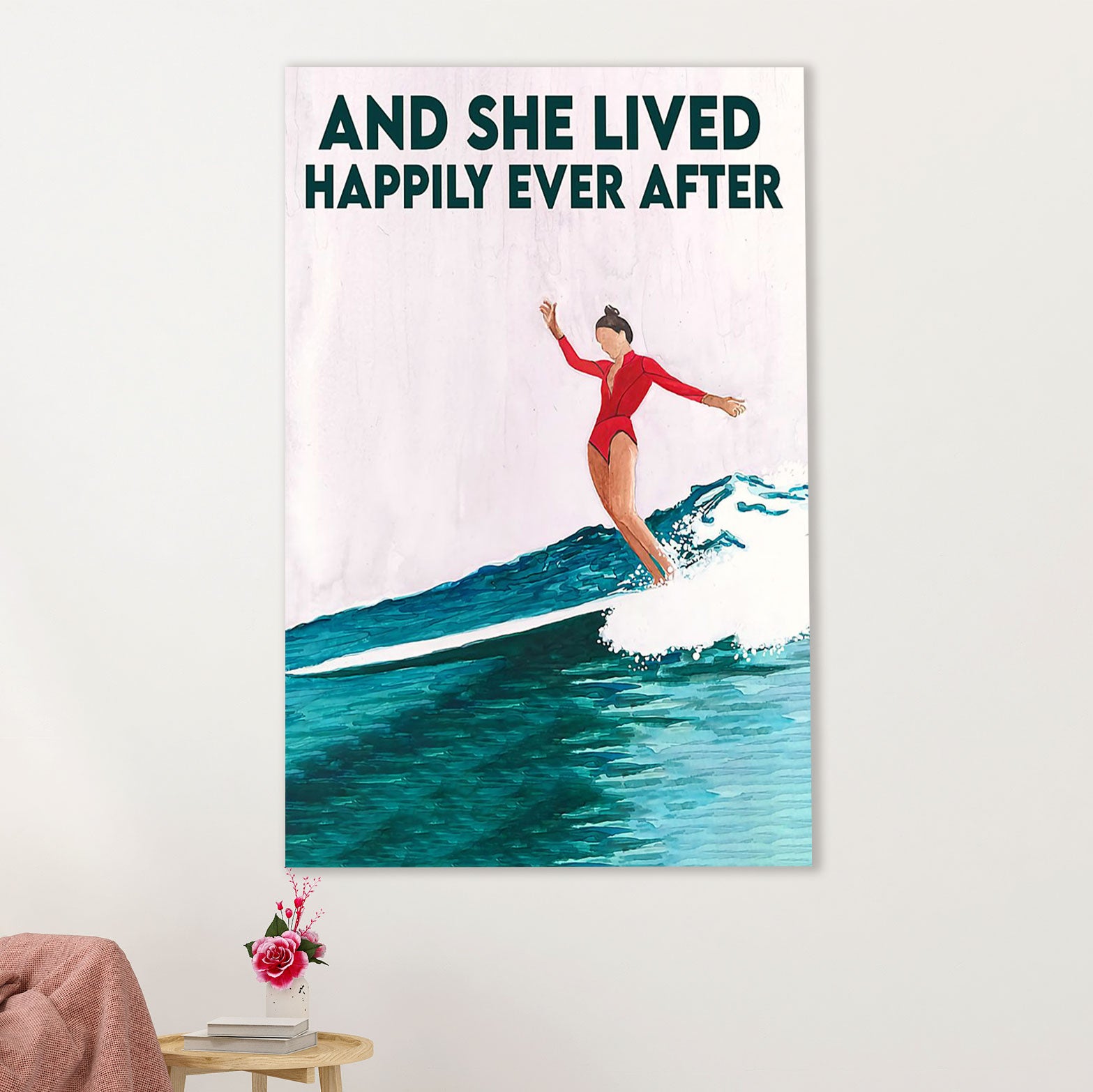 Water Surfing Poster Prints | She Lived Happily | Wall Art Gift for Beach Surfer