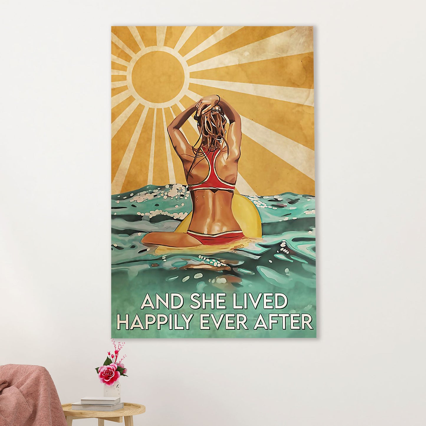 Water Surfing Poster Prints | She Lived Happily | Wall Art Gift for Beach Surfer