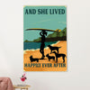 Water Surfing Poster Prints | Girl With Surfboard & Dogs - She Lived Happily | Wall Art Gift for Beach Surfer