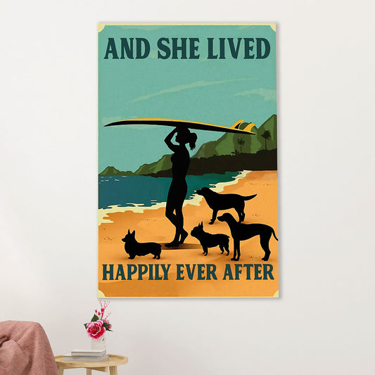 Water Surfing Canvas Wall Art Prints | Girl With Surfboard & Dogs - She Lived Happily | Home Décor Gift for Beach Surfer