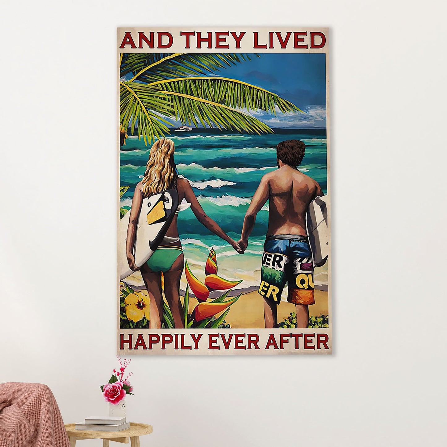 Water Surfing Poster Prints | Couple Boyfriend Girlfriend | Wall Art Gift for Beach Surfer
