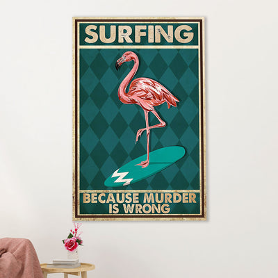 Water Surfing Poster Prints | Flamingo Surfing | Wall Art Gift for Beach Surfer