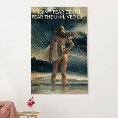 Water Surfing Canvas Wall Art Prints | Girl Surfing - Fear The Un-Lived Life | Home Décor Gift for Beach Surfer