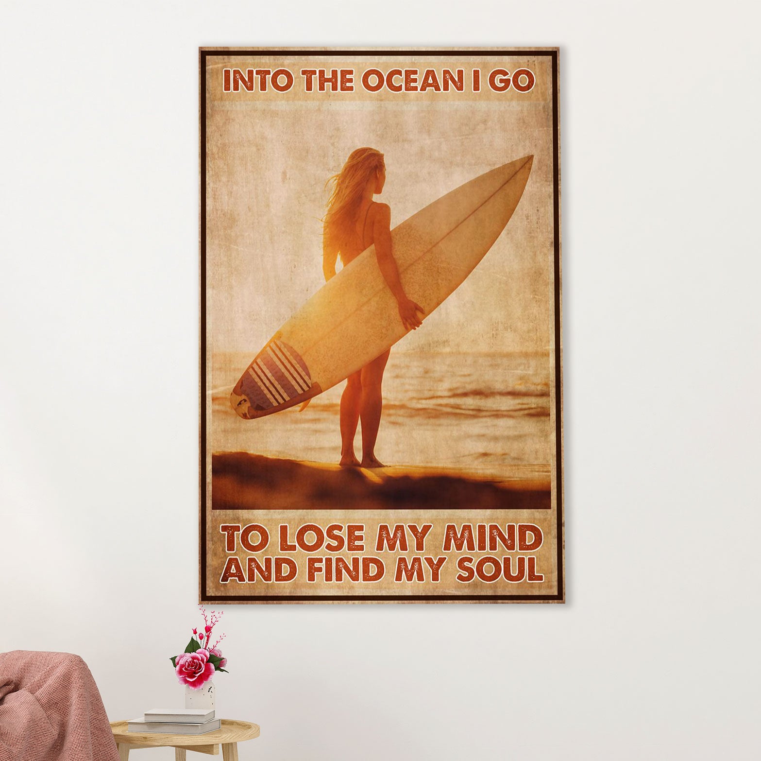 Water Surfing Poster Prints | Girl Into The Ocean | Wall Art Gift for Beach Surfer