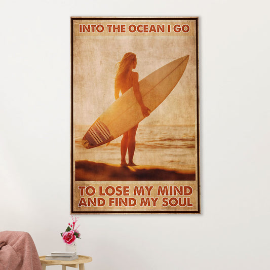 Water Surfing Canvas Wall Art Prints | Girl Into The Ocean | Home Décor Gift for Beach Surfer