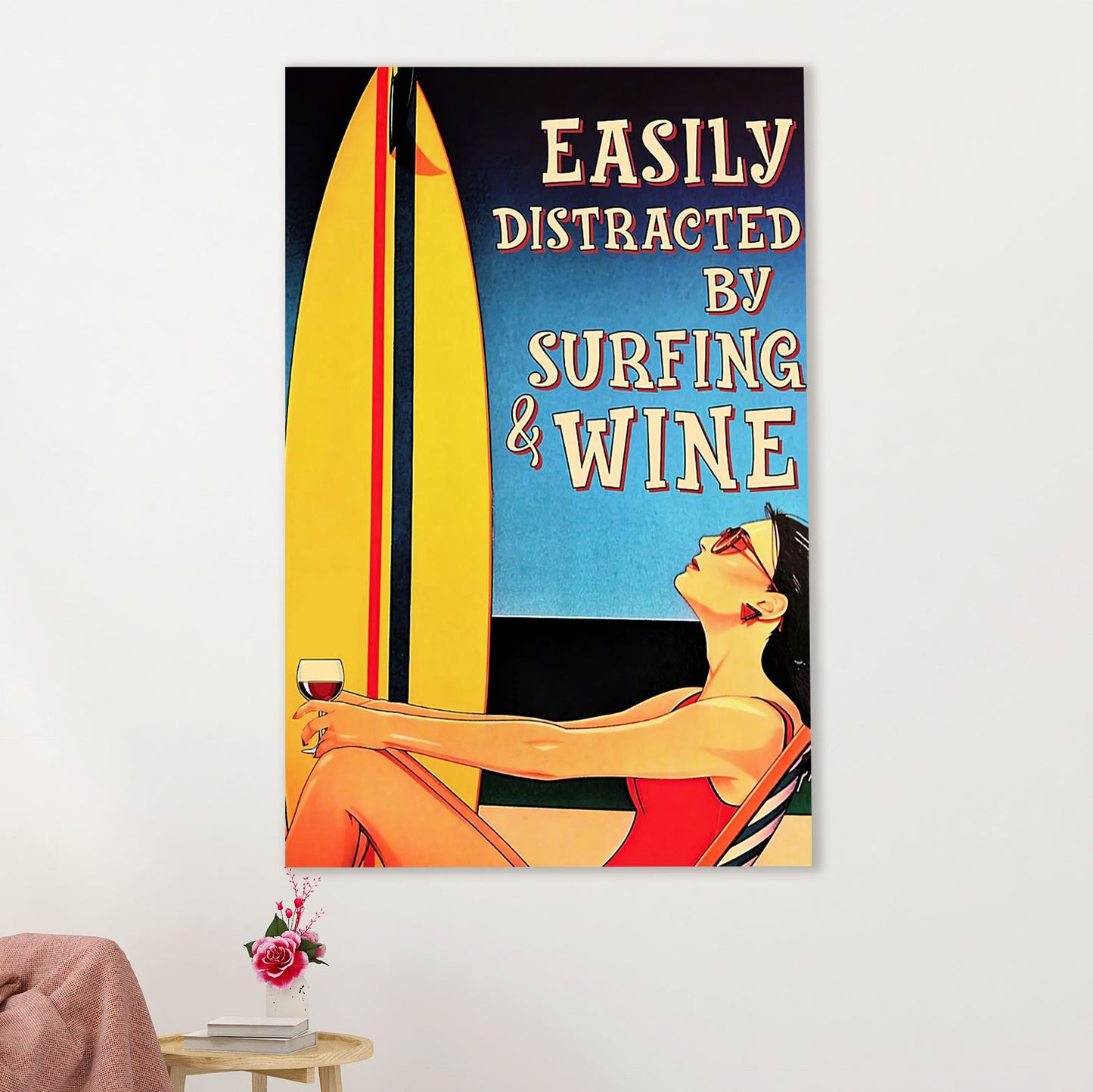 Water Surfing Poster Prints | Girl Distracted By Surfing & Wine | Wall Art Gift for Beach Surfer