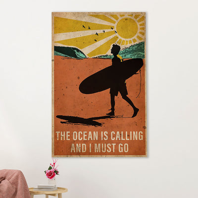 Water Surfing Poster Prints | Man Surfer - The Ocean Is Calling | Wall Art Gift for Beach Surfer
