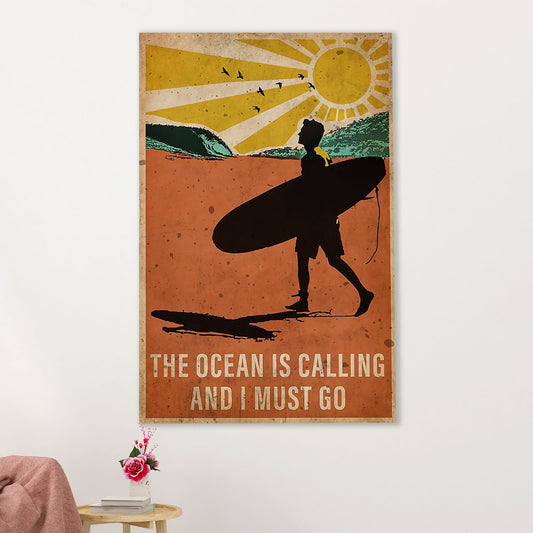 Water Surfing Canvas Wall Art Prints | Man Surfer - The Ocean Is Calling | Home Décor Gift for Beach Surfer
