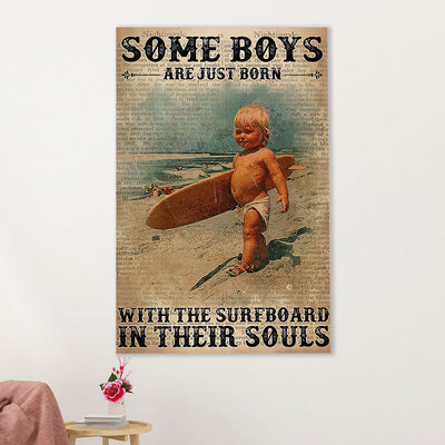 Water Surfing Canvas Wall Art Prints | Boys Born With The Surfboard | Home Décor Gift for Beach Surfer