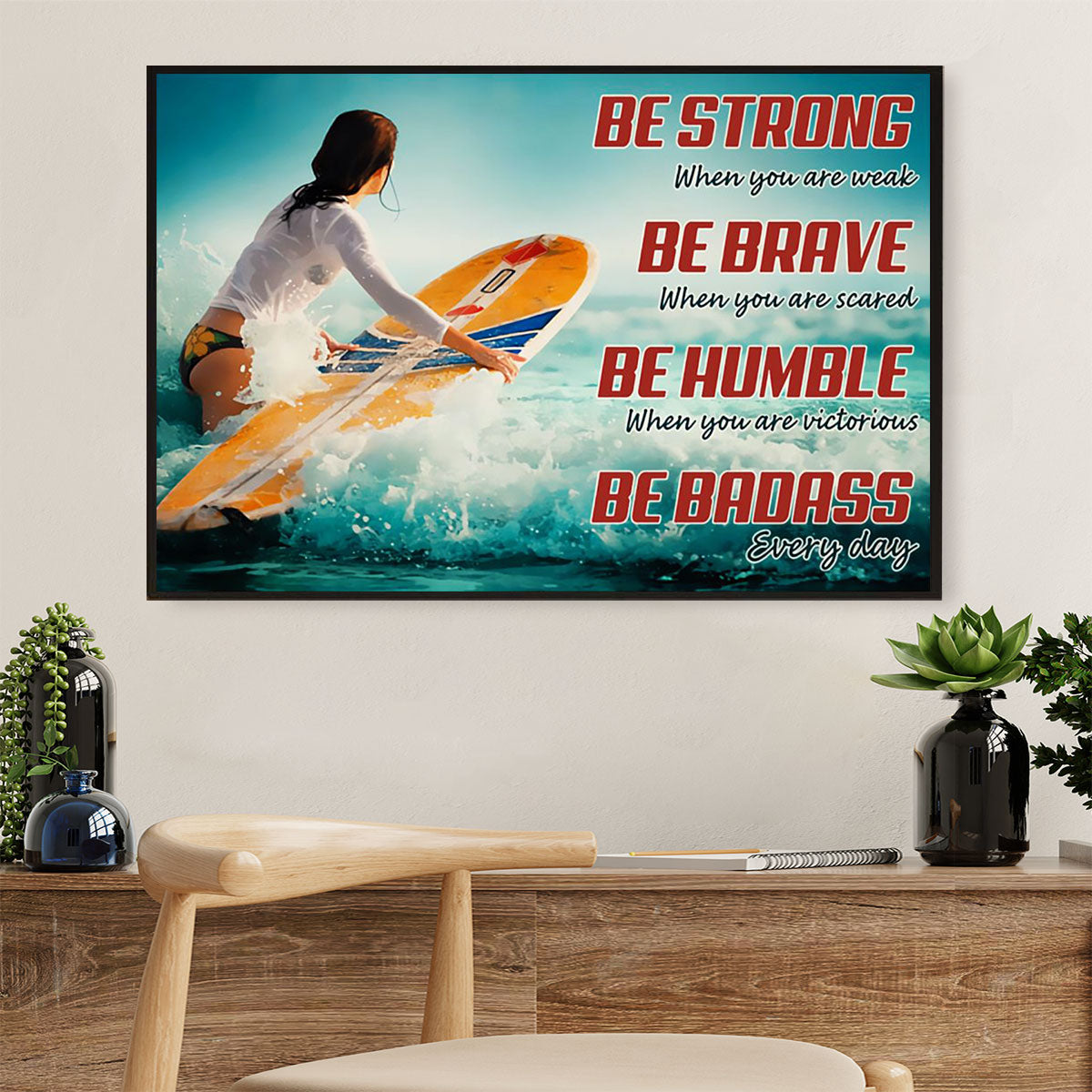 Water Surfing Poster Prints | Girl Surfer | Wall Art Gift for Beach Surfer
