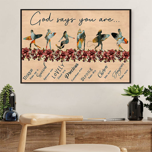 Water Surfing Poster Prints | God Says You Are | Wall Art Gift for Beach Surfer