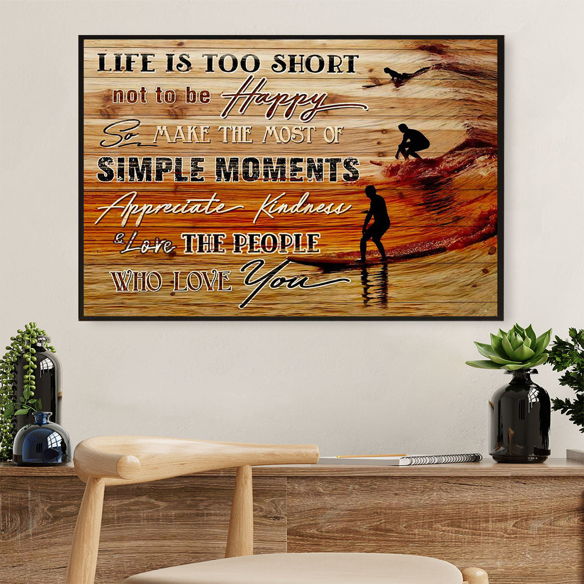 Water Surfing Canvas Wall Art Prints | Life Is Too Short | Home Décor Gift for Beach Surfer