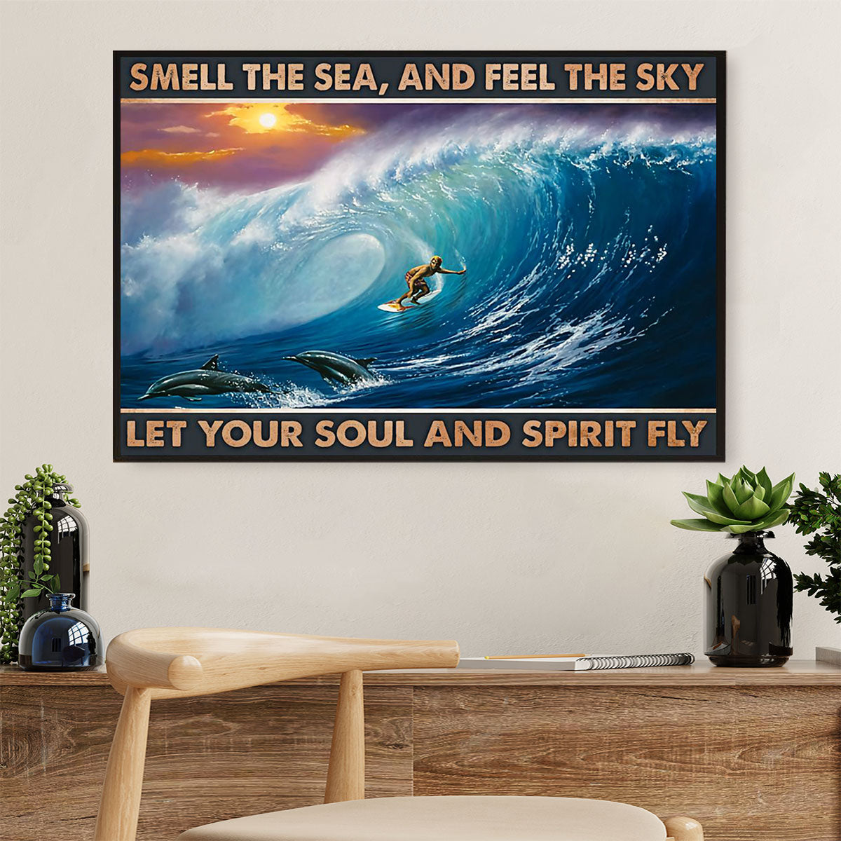 Water Surfing Poster Prints | Smell The Sea, Feel The Sky | Wall Art Gift for Beach Surfer