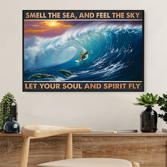 Water Surfing Poster Prints | Smell The Sea, Feel The Sky | Wall Art Gift for Beach Surfer