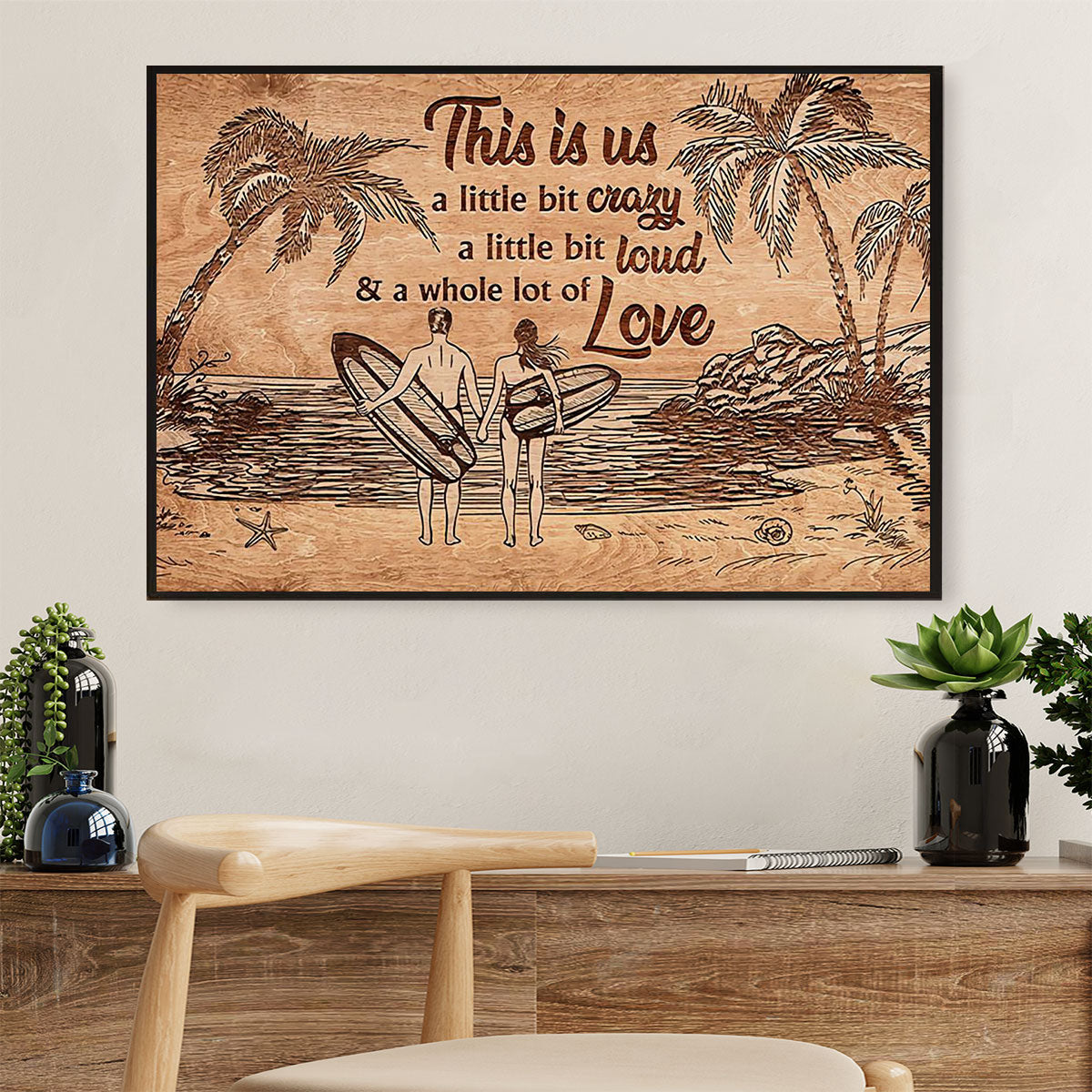 Water Surfing Canvas Wall Art Prints | Couple Love Surfer | Home Décor Gift for Beach Surfer
