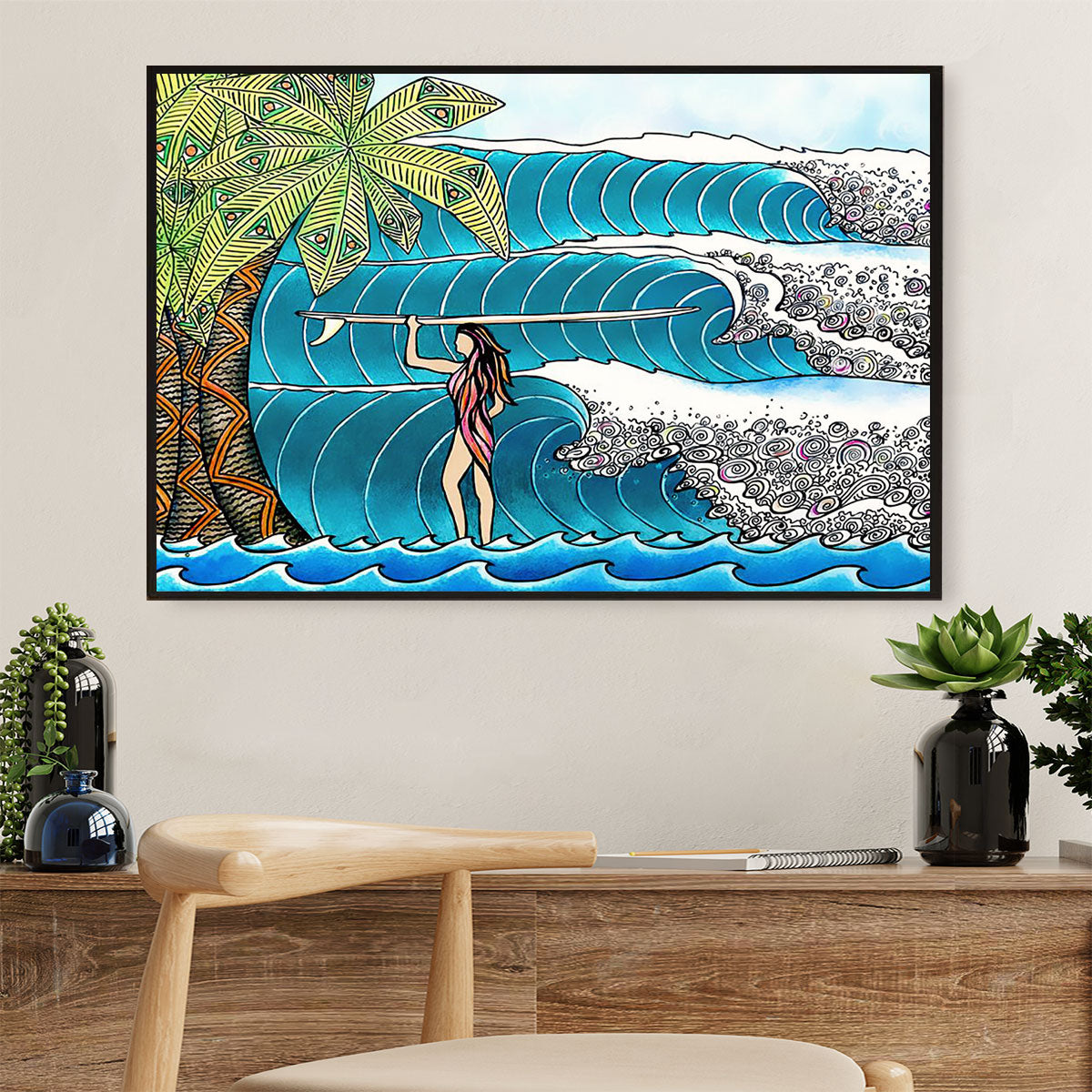 Water Surfing Poster Prints | Girl Surfer | Wall Art Gift for Beach Surfer