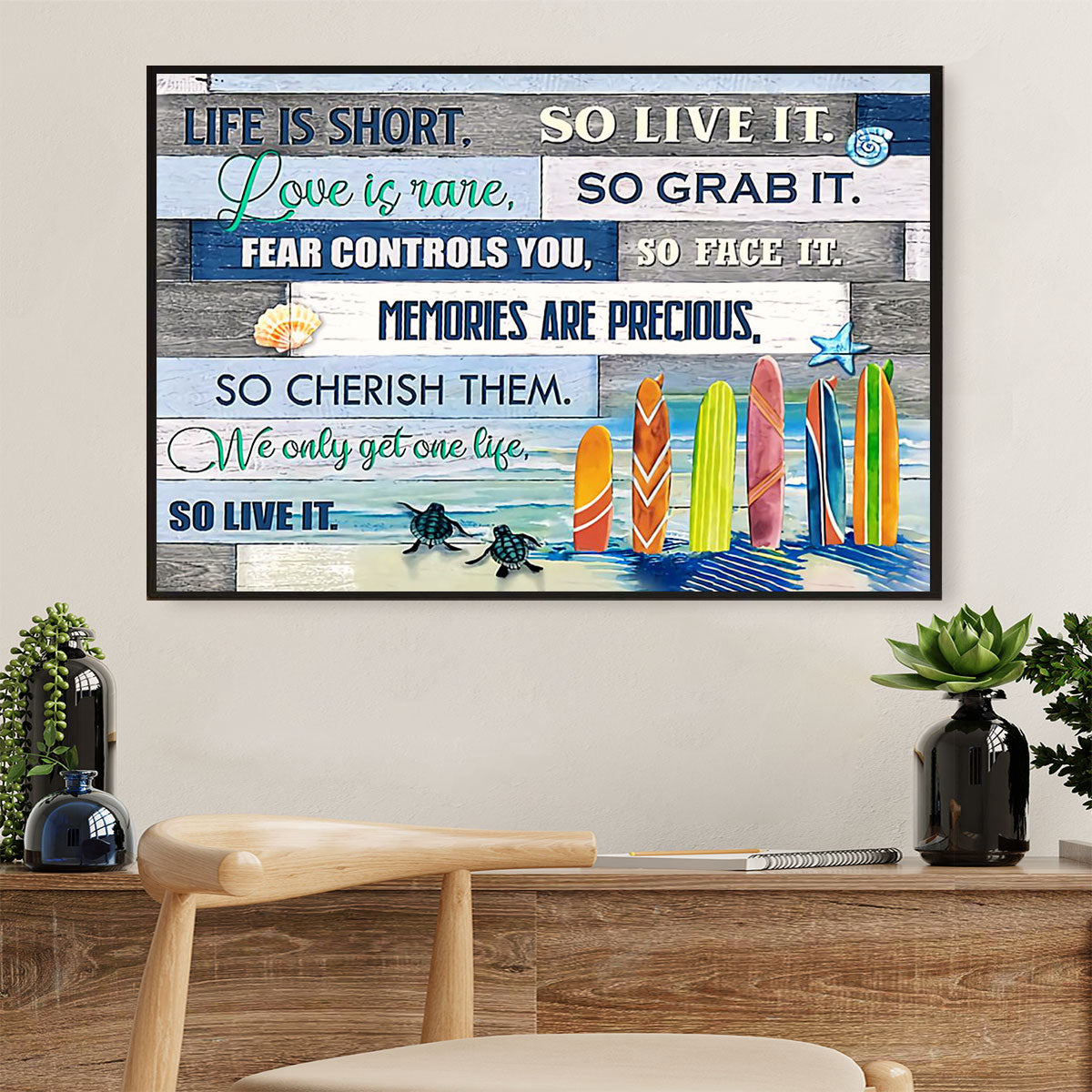 Water Surfing Canvas Wall Art Prints | Life Is Short | Home Décor Gift for Beach Surfer