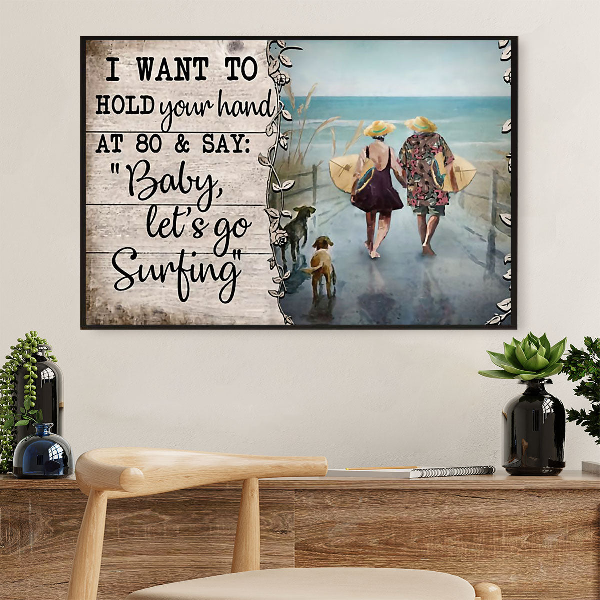 Water Surfing Canvas Wall Art Prints | Couple Husband Wife | Home Décor Gift for Beach Surfer