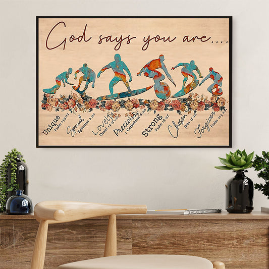 Water Surfing Poster Prints | God Says You Are | Wall Art Gift for Beach Surfer