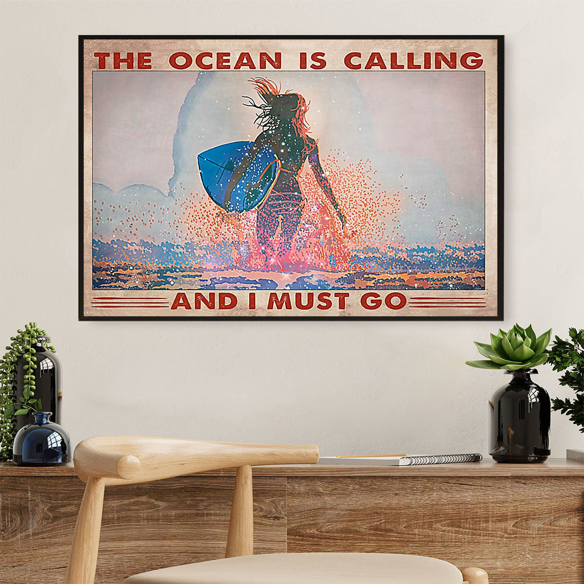 Water Surfing Canvas Wall Art Prints | The Ocean Is Calling | Home Décor Gift for Beach Surfer