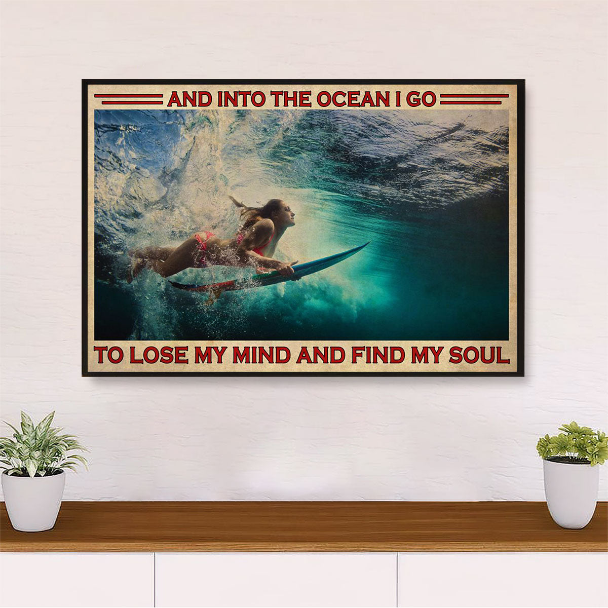 Water Surfing Canvas Wall Art Prints | Girl Into The Ocean | Home Décor Gift for Beach Surfer