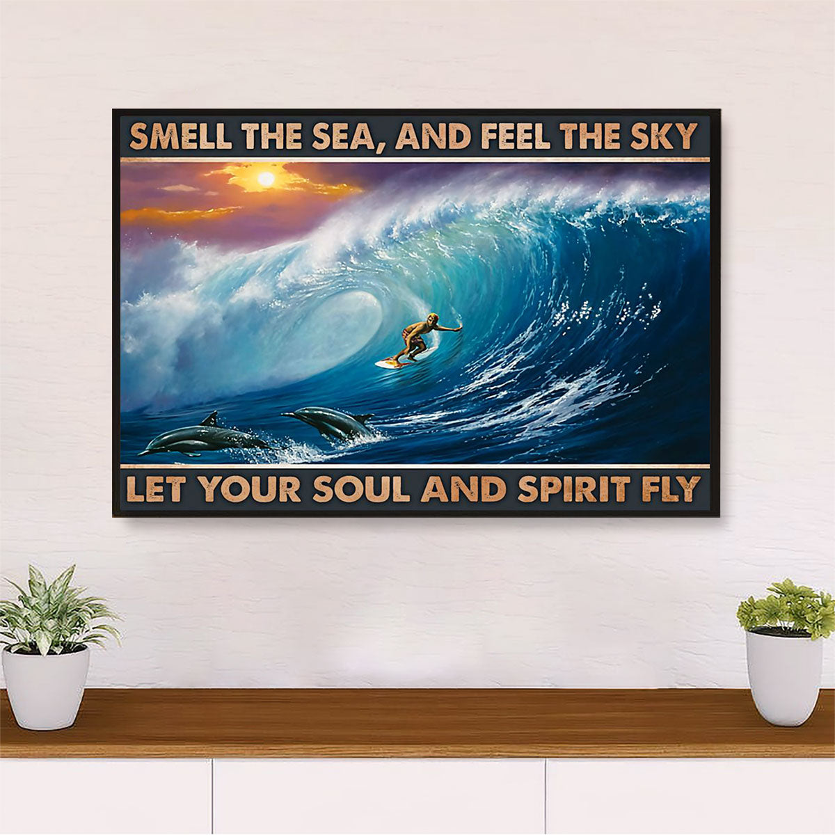 Water Surfing Poster Prints | Smell The Sea, Feel The Sky | Wall Art Gift for Beach Surfer
