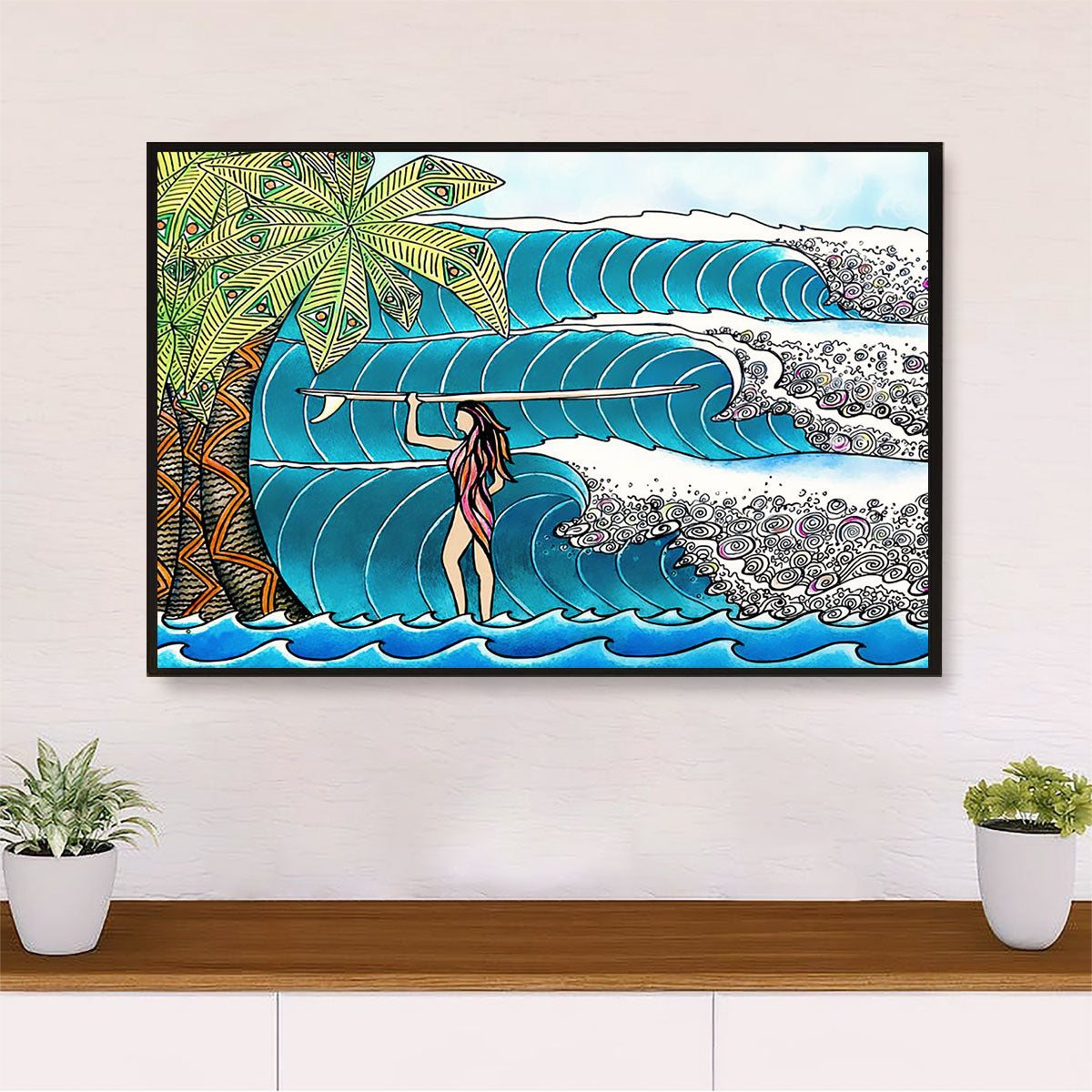 Water Surfing Poster Prints | Girl Surfer | Wall Art Gift for Beach Surfer
