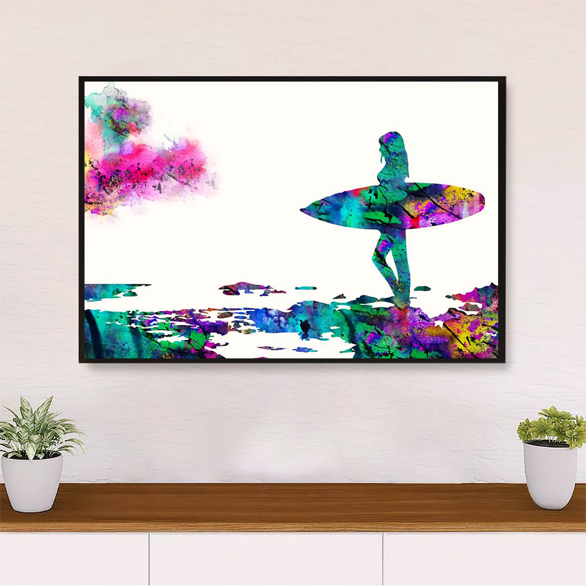 Water Surfing Poster Prints | Watercolor Girl Surfer Painting | Wall Art Gift for Beach Surfer