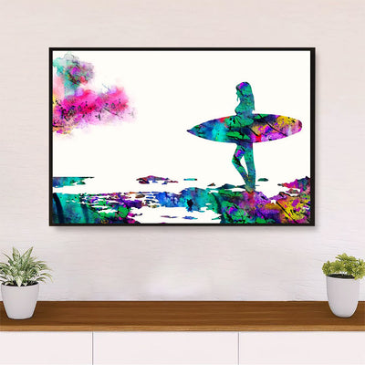 Water Surfing Canvas Wall Art Prints | Watercolor Girl Surfer Painting | Home Décor Gift for Beach Surfer