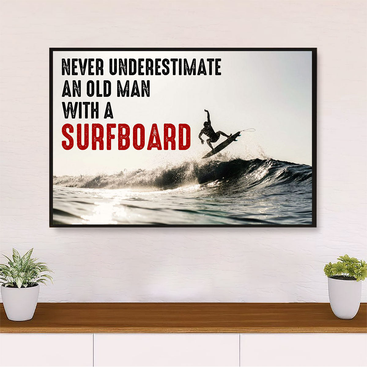 Water Surfing Canvas Wall Art Prints | Old Man With A Surfboard | Home Décor Gift for Beach Surfer