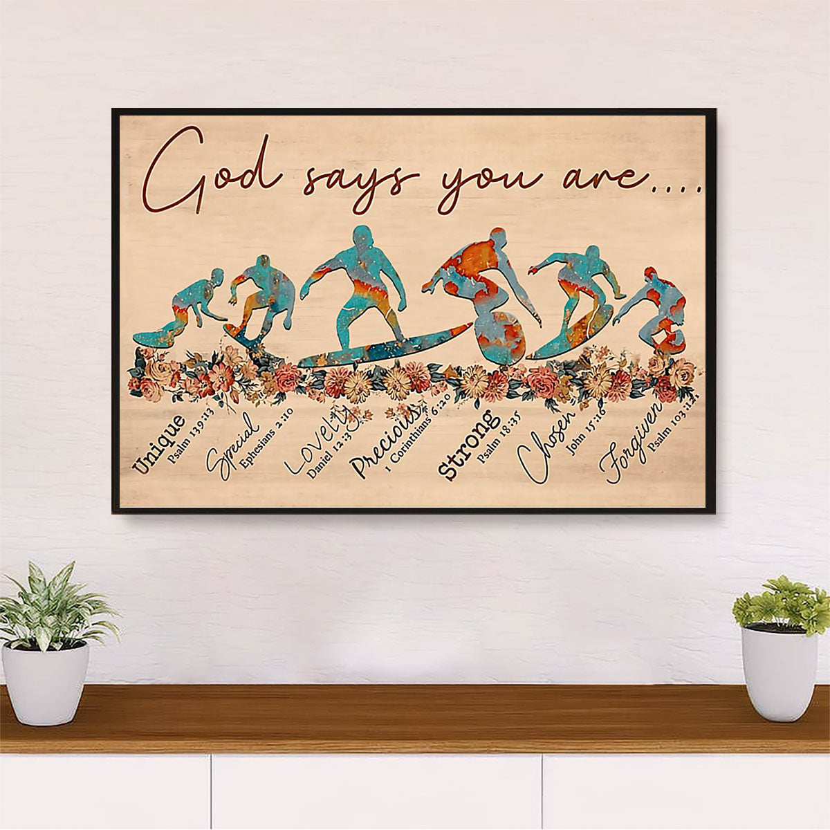 Water Surfing Poster Prints | God Says You Are | Wall Art Gift for Beach Surfer