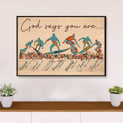 Water Surfing Poster Prints | God Says You Are | Wall Art Gift for Beach Surfer