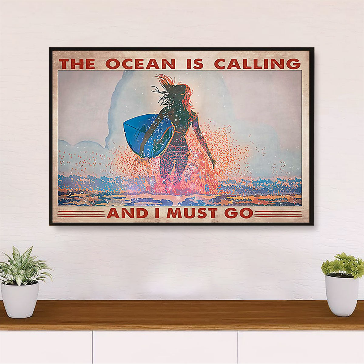 Water Surfing Poster Prints | The Ocean Is Calling | Wall Art Gift for Beach Surfer