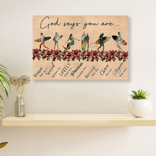 Water Surfing Canvas Wall Art Prints | God Says You Are | Home Décor Gift for Beach Surfer