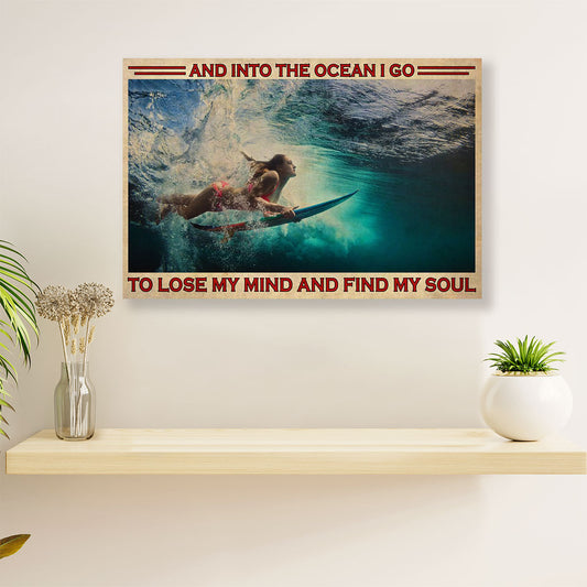 Water Surfing Canvas Wall Art Prints | Girl Into The Ocean | Home Décor Gift for Beach Surfer