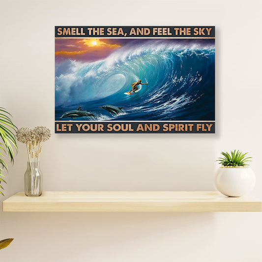 Water Surfing Canvas Wall Art Prints | Smell The Sea, Feel The Sky | Home Décor Gift for Beach Surfer
