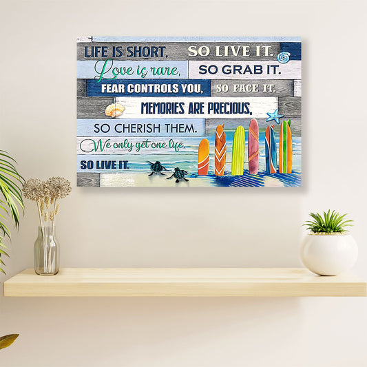 Water Surfing Canvas Wall Art Prints | Life Is Short | Home Décor Gift for Beach Surfer