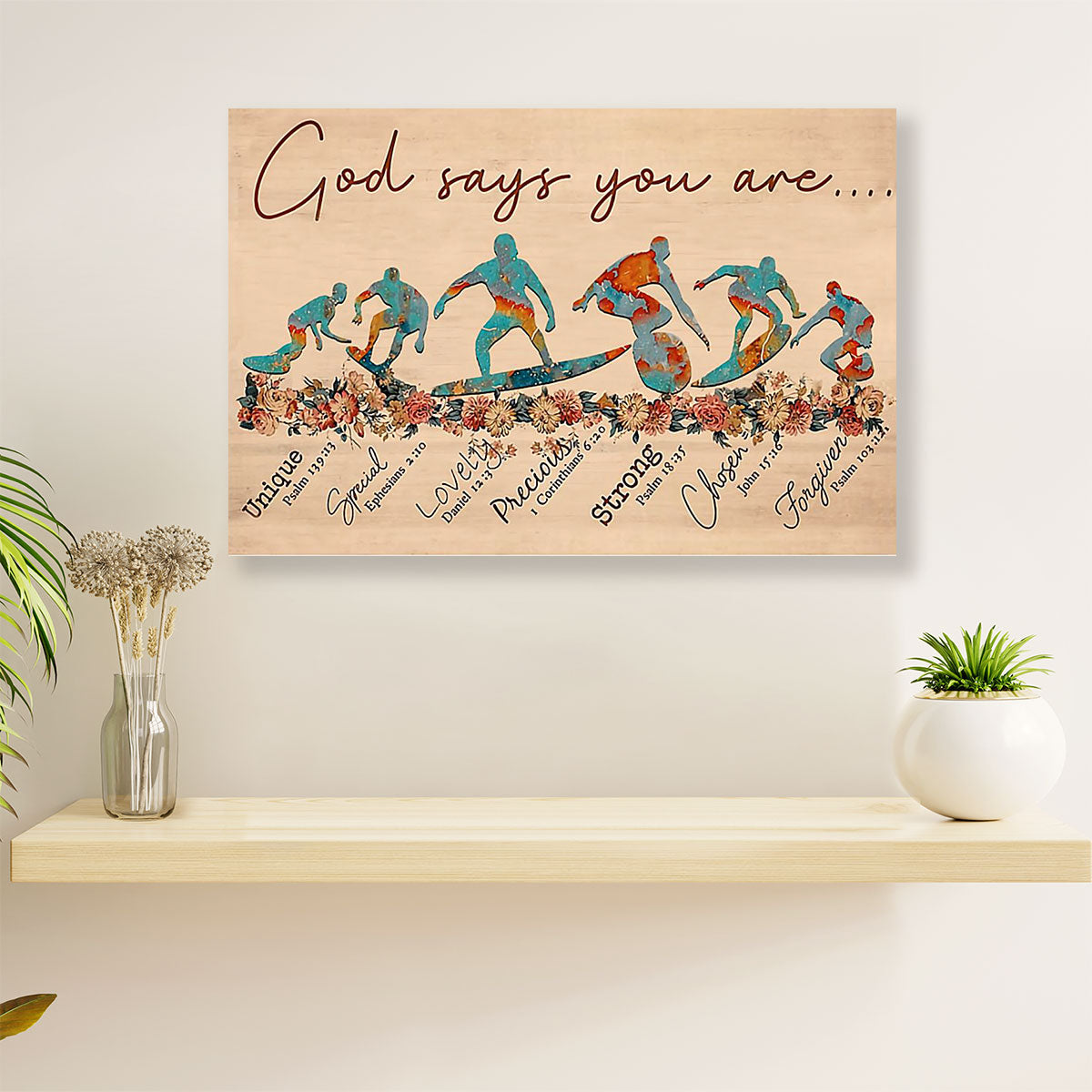 Water Surfing Poster Prints | God Says You Are | Wall Art Gift for Beach Surfer