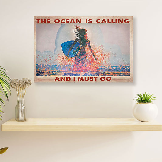 Water Surfing Canvas Wall Art Prints | The Ocean Is Calling | Home Décor Gift for Beach Surfer