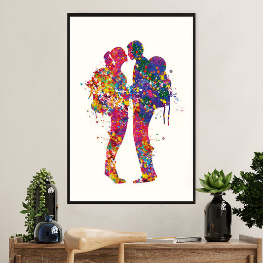 Hiking Poster Prints | Watercolor Couple Hiking Painting | Wall Art Gift for Hiker
