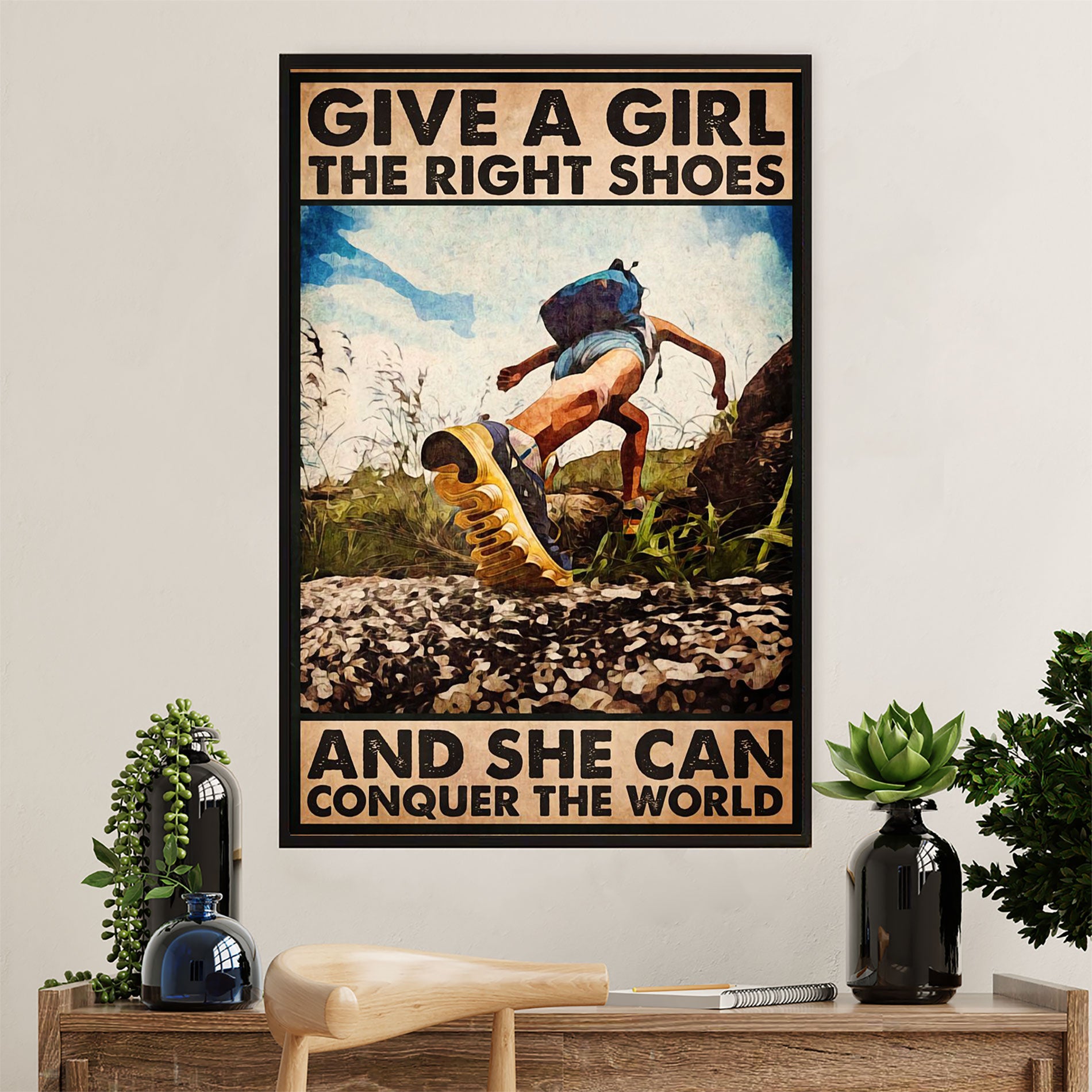 Hiking Canvas Wall Art Prints | Girl Hiking - Conquer The World | Home Décor Gift for Hiker