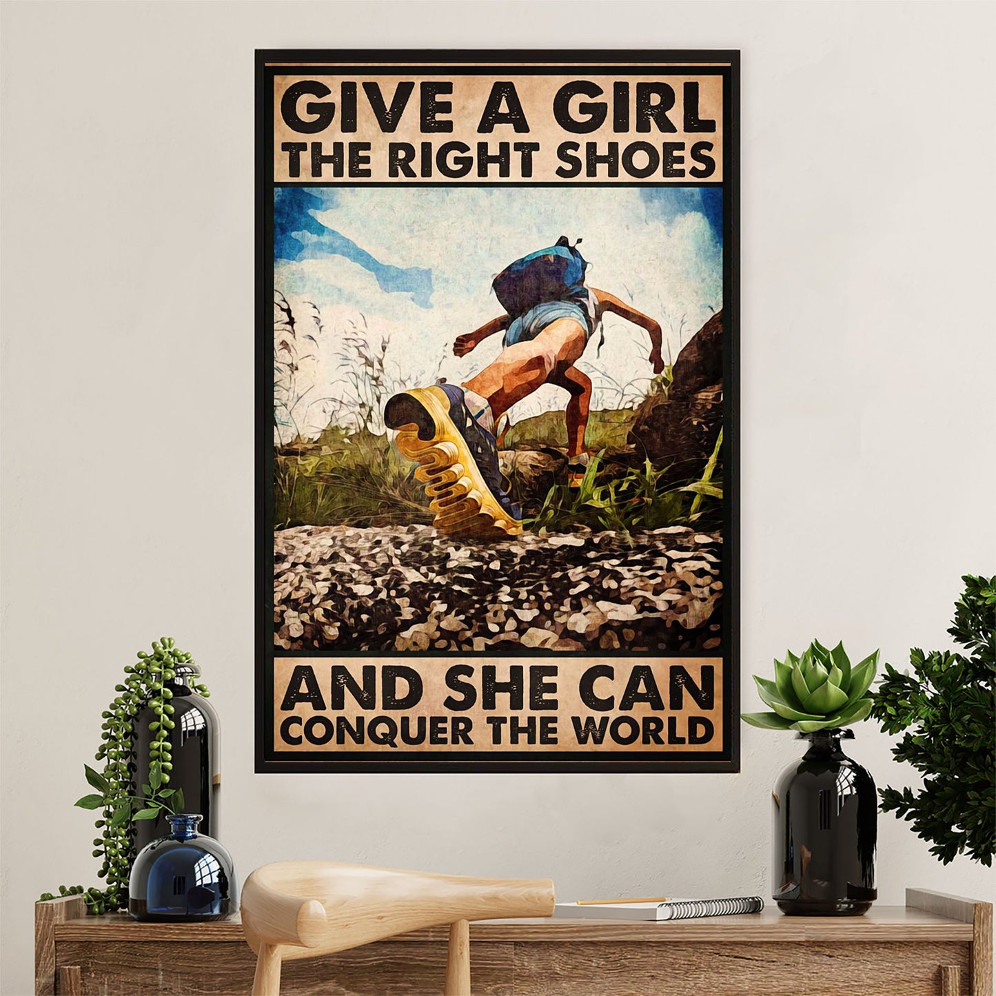 Hiking Poster Prints | Girl Hiking - Conquer The World | Wall Art Gift for Hiker