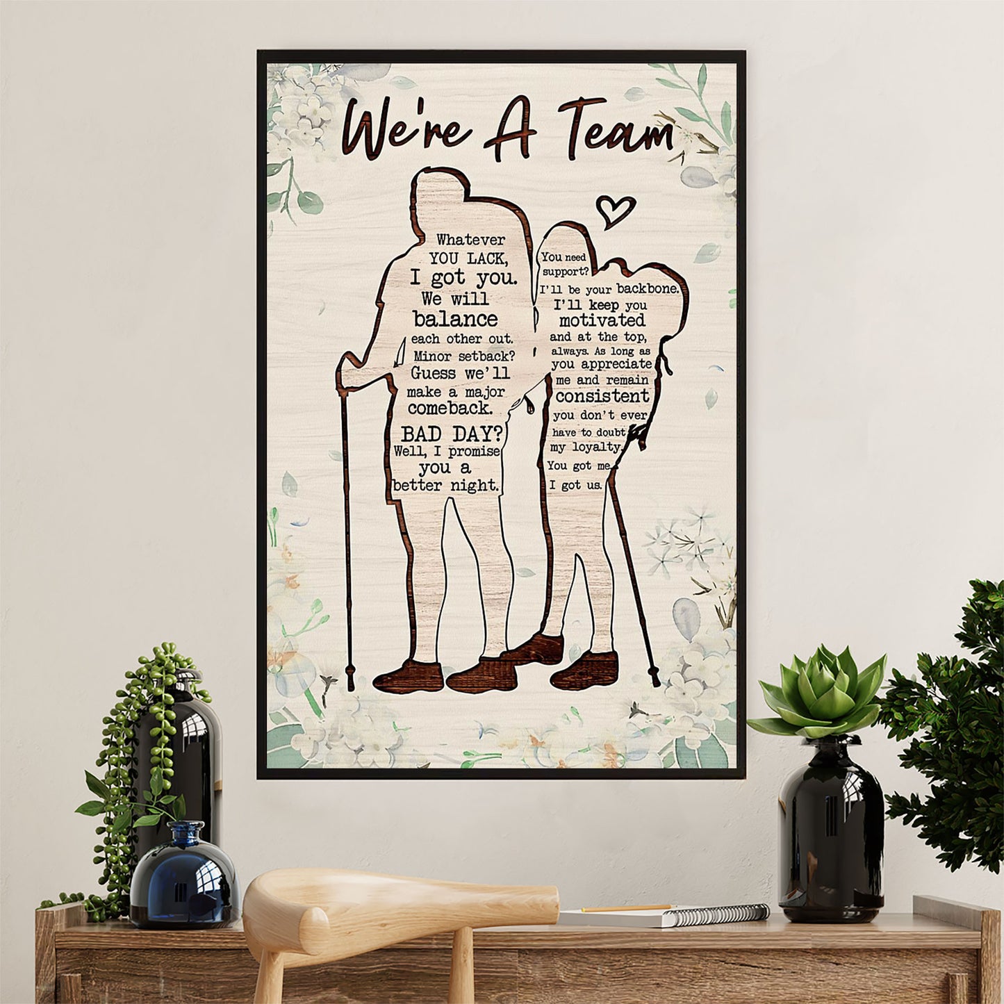 Hiking Canvas Wall Art Prints | Couple Love - We're A Team | Home Décor Gift for Hiker
