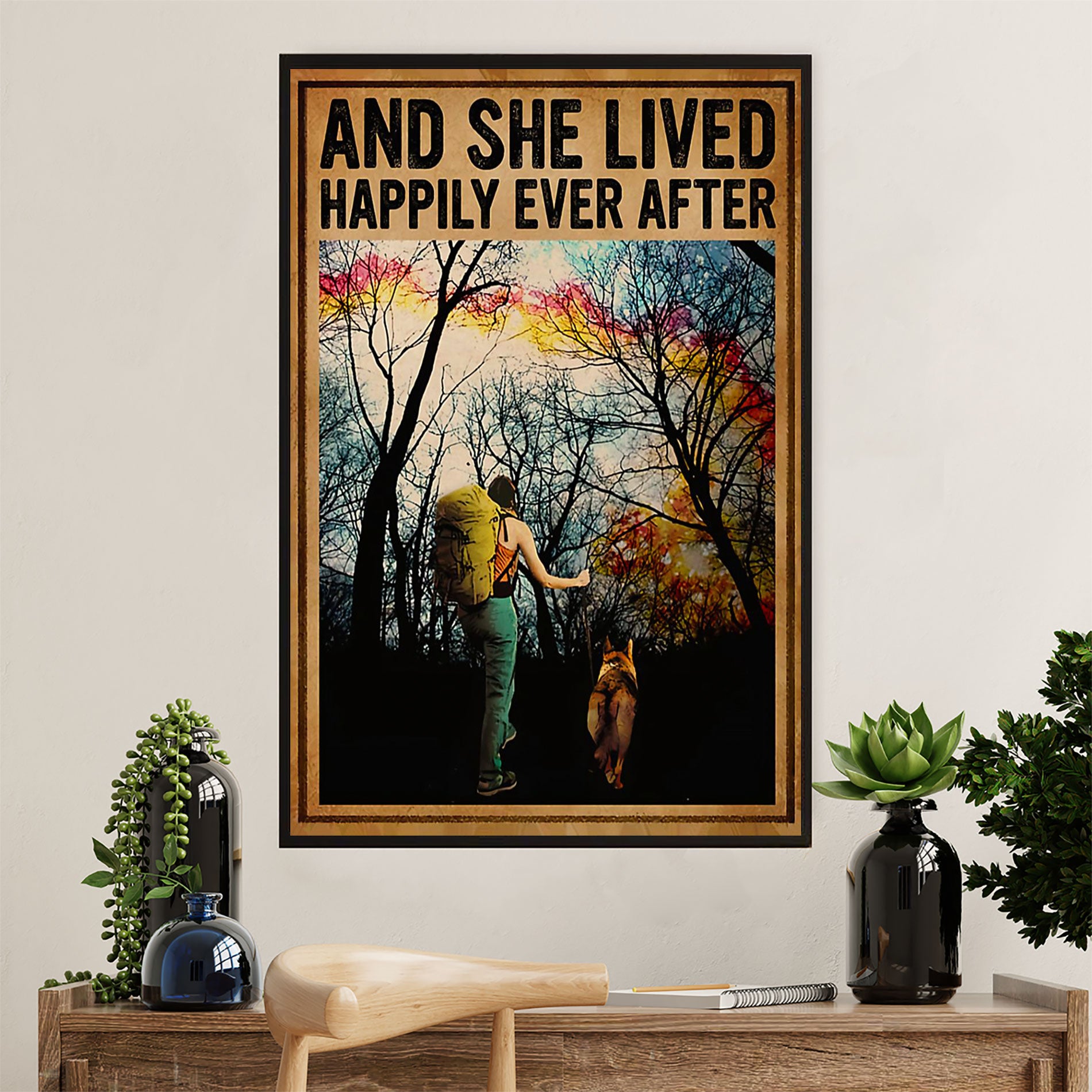 Hiking Poster Prints | Girl & Dog - She Lived Happily | Wall Art Gift for Hiker