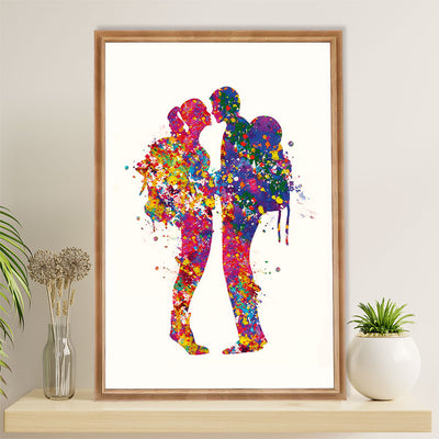 Hiking Canvas Wall Art Prints | Watercolor Couple Hiking Painting | Home Décor Gift for Hiker