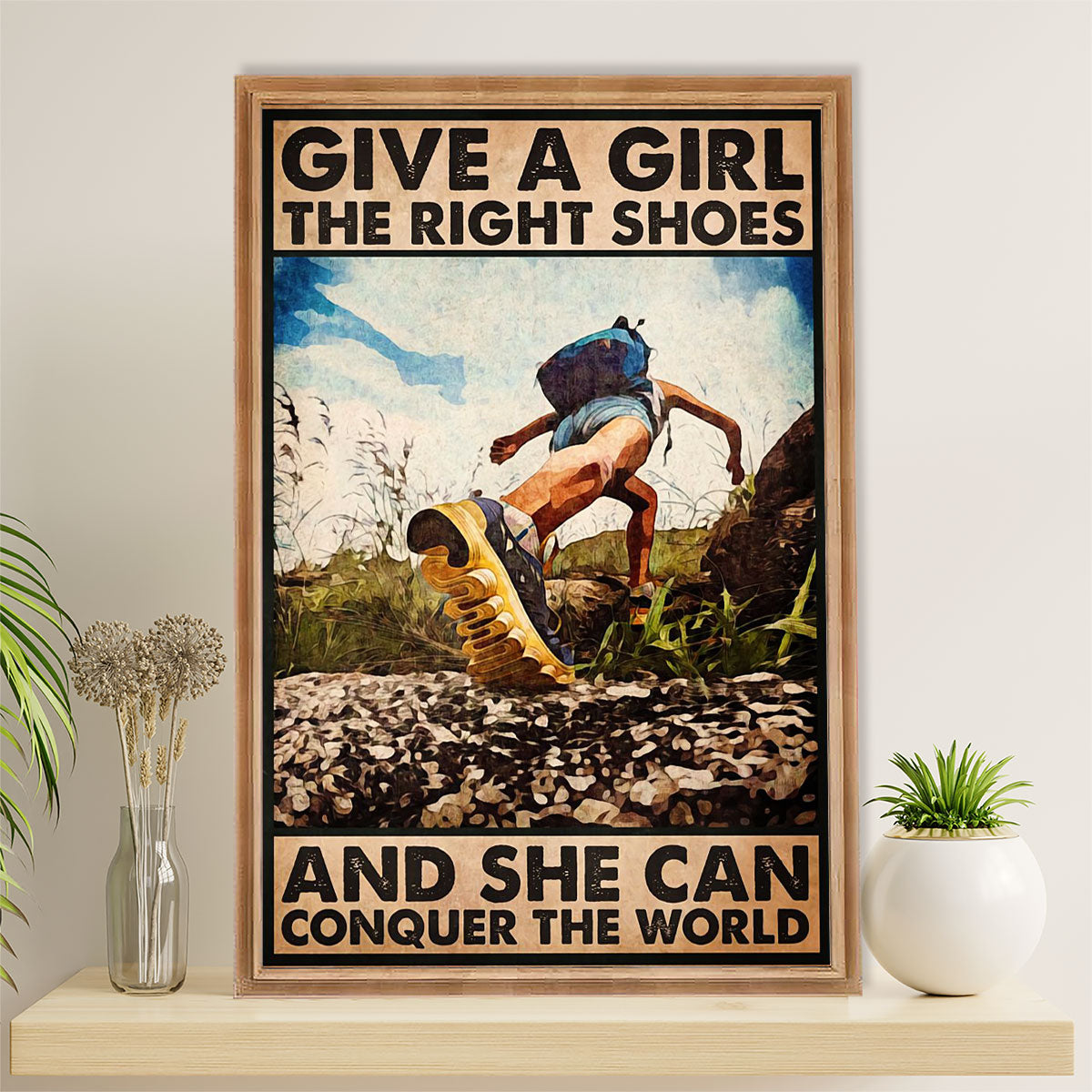 Hiking Poster Prints | Girl Hiking - Conquer The World | Wall Art Gift for Hiker
