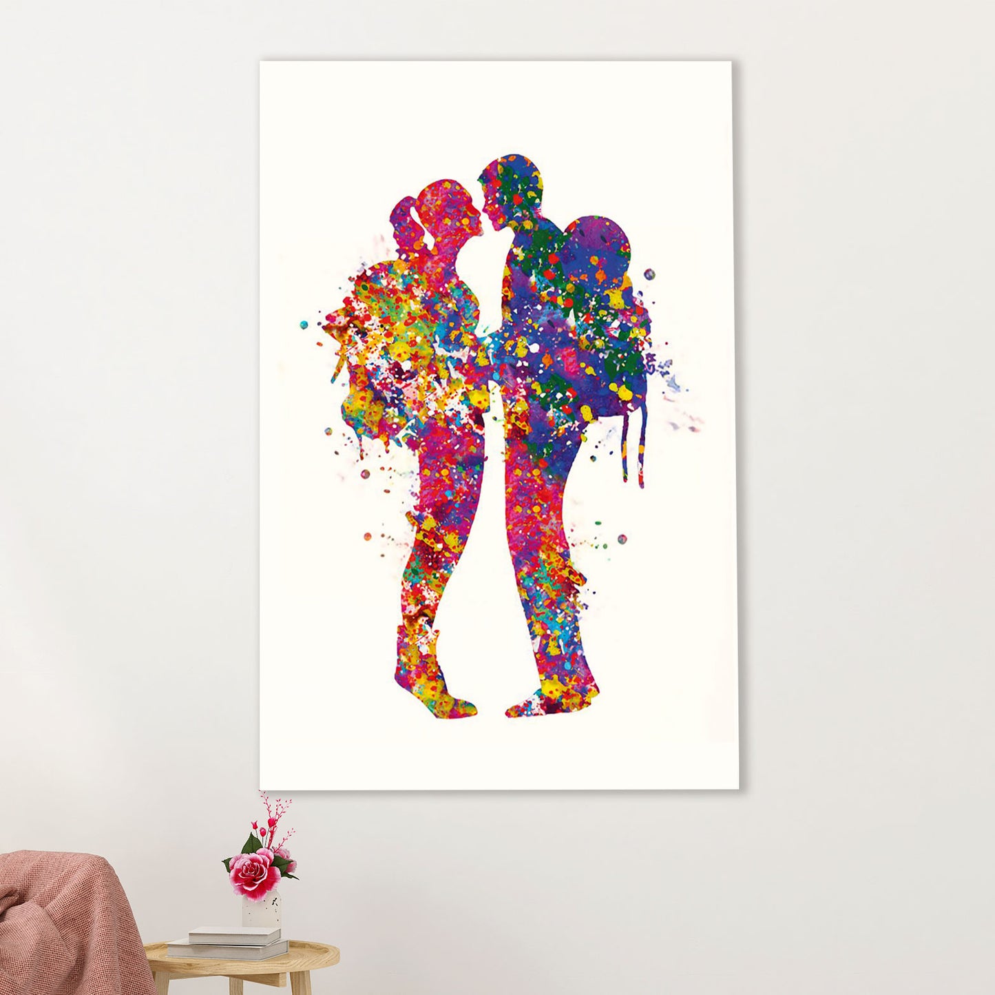 Hiking Poster Prints | Watercolor Couple Hiking Painting | Wall Art Gift for Hiker
