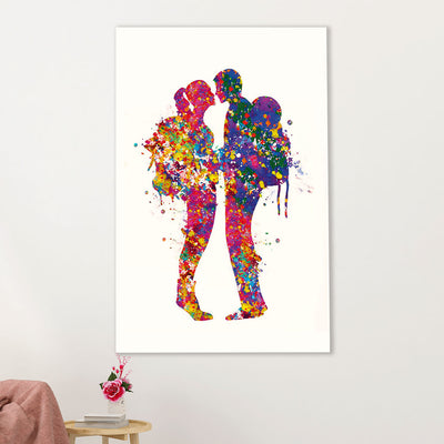 Hiking Canvas Wall Art Prints | Watercolor Couple Hiking Painting | Home Décor Gift for Hiker