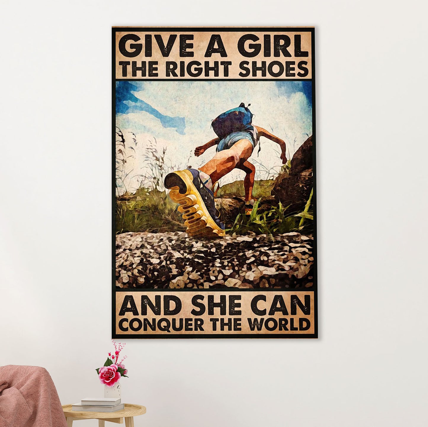 Hiking Poster Prints | Girl Hiking - Conquer The World | Wall Art Gift for Hiker