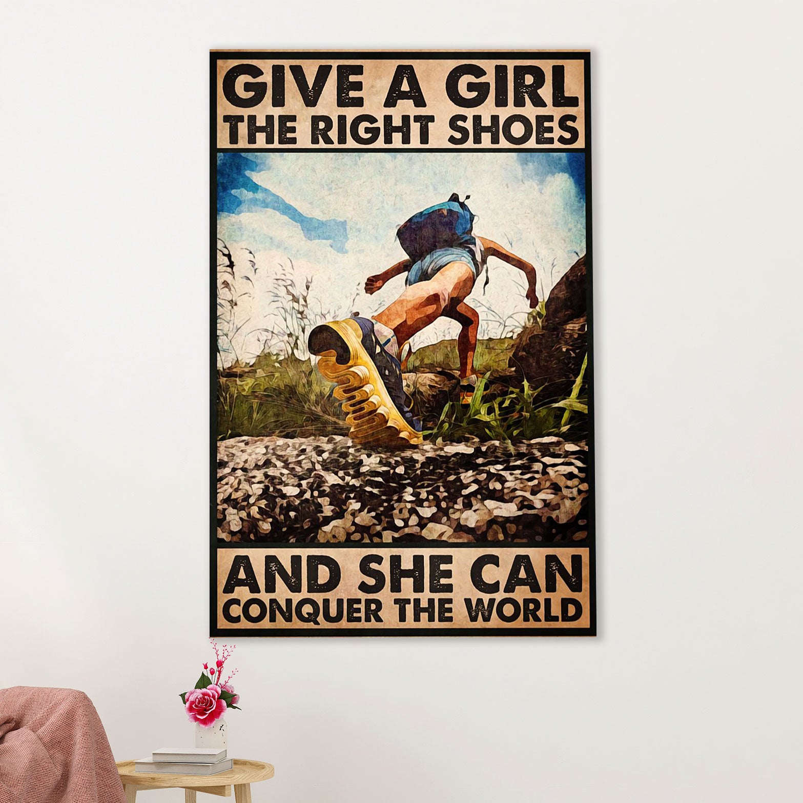 Hiking Canvas Wall Art Prints | Girl Hiking - Conquer The World | Home Décor Gift for Hiker